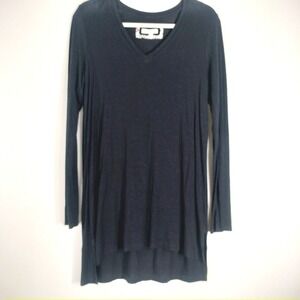 Pure Good Black Tunic Top; Long Sleeve V-Neck High Low Hem Rayon Blend